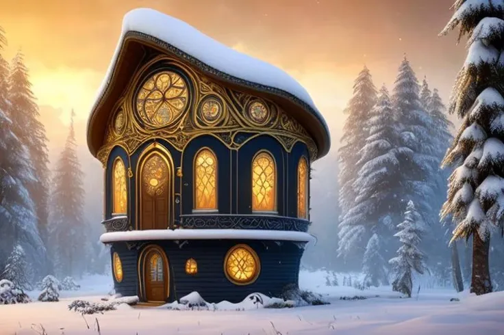 (Vector image:1.3) of (one small hobbithouse with a round door and round windows on its side and a pathway leading to it) (in the middle of a tropical forest), (centered, symmetrical), (at noon, bright light), (winter, snow), (Low-angle perspective), (natu...