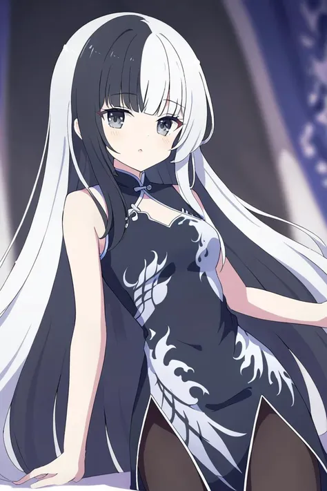 masterpiece, best quality,1girl, solo, long hair, split-color_hair, white_hair, black_hair, grey eyes, dress, looking at viewer,...