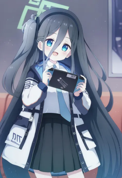 anime girl with long black hair holding a tablet computer