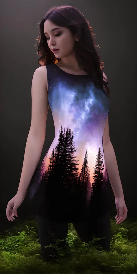 <lora:w0rld - World Inside Body:0.65>, w0rld 1girl, black background:1.2, simple background, dynamic pose, mid night, forest, trees, scenery,masterpiece, best quality, ultra high res, beautiful, visually stunning, elegant, incredible details