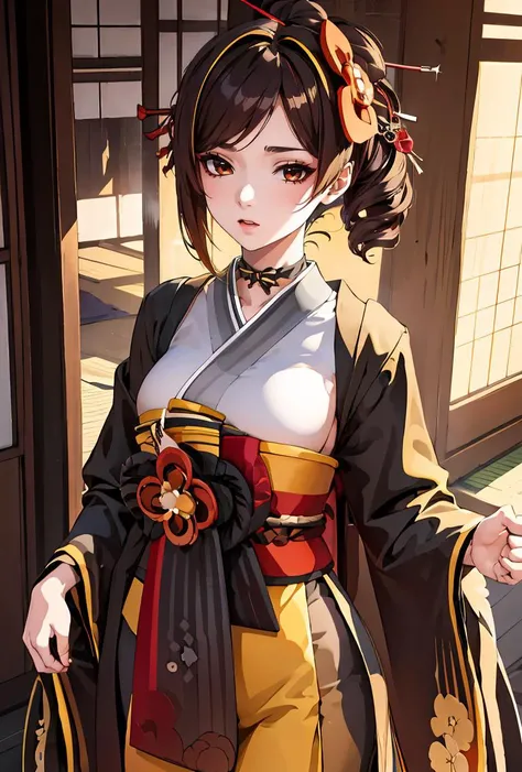 anime girl in traditional dress with a fan and a teddy bear