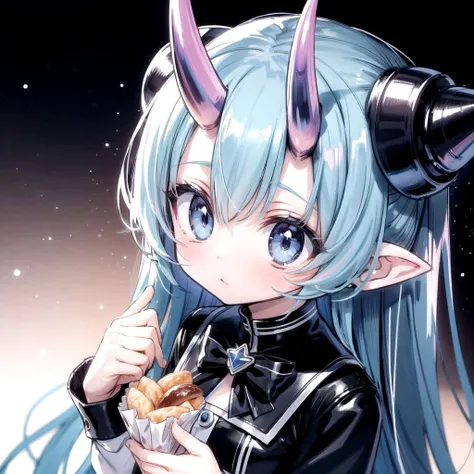 anime girl with horns eating a sandwich in a space setting