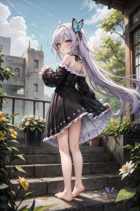 1girl, bangs, barefoot, black_dress, bubble_skirt, bug, butterfly, dress, floating_hair, flower, green_ribbon, hair_flower, hair_ornament, hand_up, long_hair, long_sleeves, looking_back, plant, purple_eyes, purple_hair, ribbon, rose, ruins, scenery, skirt,...