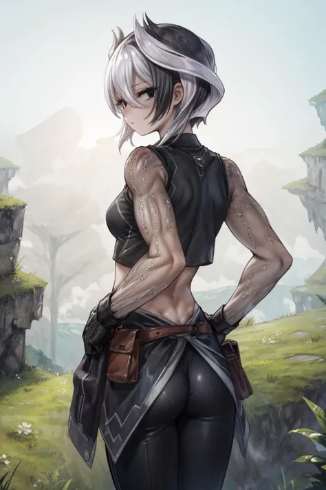 masterpiece,best quality,1girl,mature female,muscular,tall female,ozentmp,crop top,black pants,(no gloves,sleeveless),navel,midriff,thousand-men pins,expressionless,standing,hand on hip,arm at side,fog,nature,fantasy,grass,cliff,outdoors,cowboy shot,(from ...