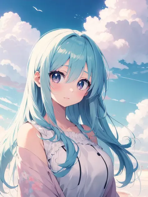 a girl with blue hair and a white dress standing in front of a blue sky