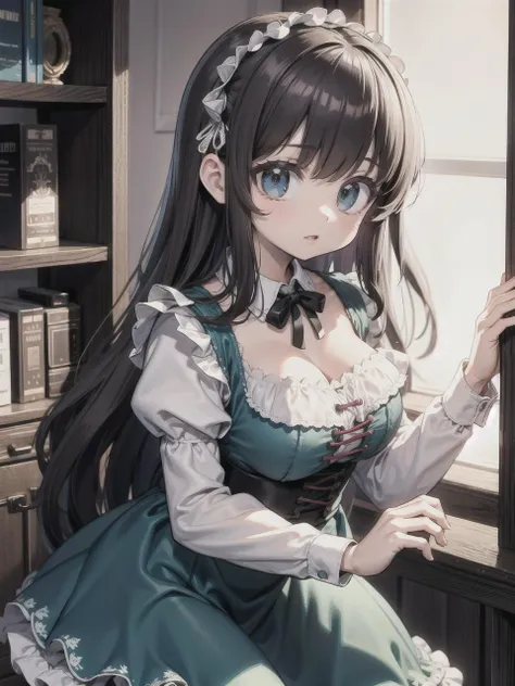 anime girl in a maid dress sitting on a window sill