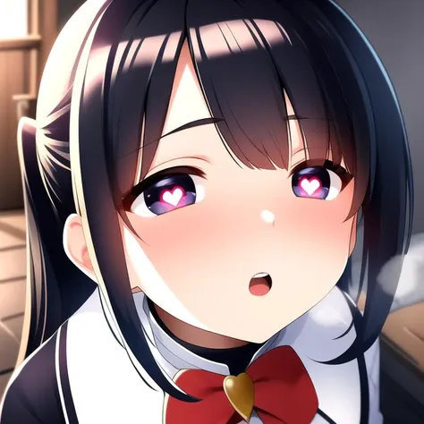 anime girl with black hair and red bow tie staring at camera