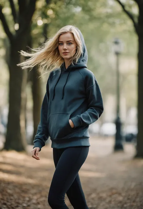 cinematic photography of a beautiful 25 year-old eva_vlaardingerbroek, jogging in the park wearing leggings and an oversized hoodie, (by Alyssa Monks:1.1), by Joseph Lorusso, by Lilia Alvarado, beautiful lighting, sharp focus, 8k, high res, (pores:0.1), (s...