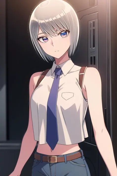 eleonore, <lyco:eleonore-lyco-nochekaiser:1>,
eleonore, short hair, white hair, (white  eyes:1.5),
BREAK bare shoulders, sleeveless, belt, pants, crop top, denim, jeans, necktie, collared shirt, 
BREAK looking at viewer,
BREAK indoors,
BREAK <lora:GoodHand...