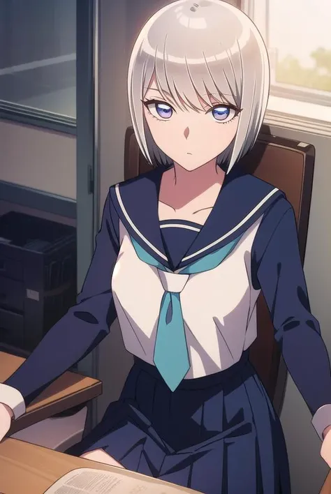 eleonore, <lyco:eleonore-lyco-nochekaiser:1>,
eleonore, short hair, white hair, (white  eyes:1.5),
BREAK skirt, school uniform, serafuku, socks, blue shirt, blue skirt, white necktie, long sleeves,
BREAK looking at viewer,
BREAK indoors,
BREAK <lora:GoodHa...