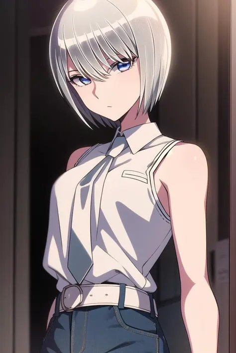 eleonore, <lyco:eleonore-lyco-nochekaiser:1>,
eleonore, short hair, white hair, (white  eyes:1.5),
BREAK bare shoulders, sleeveless, belt, pants, crop top, denim, jeans, necktie, collared shirt, 
BREAK looking at viewer,
BREAK indoors,
BREAK <lora:GoodHand...