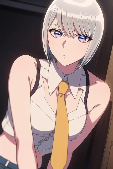 eleonore, <lyco:eleonore-lyco-nochekaiser:1>,
eleonore, short hair, white hair, (white  eyes:1.5),
BREAK bare shoulders, sleeveless, belt, pants, crop top, denim, jeans, necktie, collared shirt, 
BREAK looking at viewer,
BREAK indoors,
BREAK <lora:GoodHand...