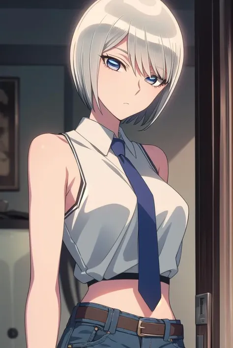 eleonore, <lyco:eleonore-lyco-nochekaiser:1>,
eleonore, short hair, white hair, (white  eyes:1.5),
BREAK bare shoulders, sleeveless, belt, pants, crop top, denim, jeans, necktie, collared shirt, 
BREAK looking at viewer,
BREAK indoors,
BREAK <lora:GoodHand...