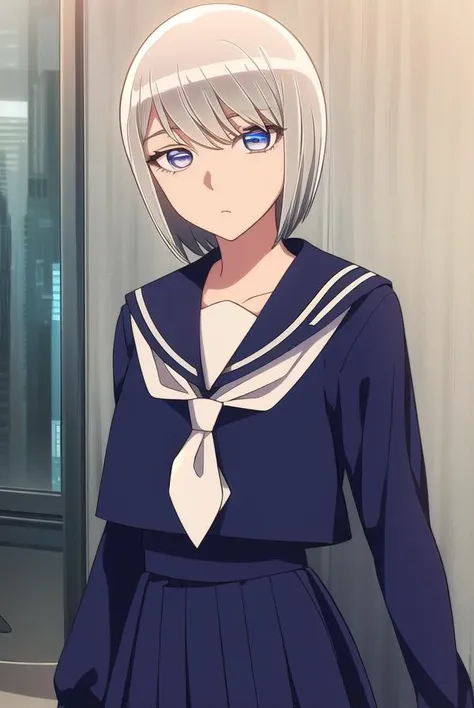 eleonore, <lyco:eleonore-lyco-nochekaiser:1>,
eleonore, short hair, white hair, (white  eyes:1.5),
BREAK skirt, school uniform, serafuku, socks, blue shirt, blue skirt, white necktie, long sleeves,
BREAK looking at viewer,
BREAK indoors,
BREAK <lora:GoodHa...