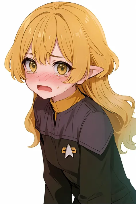 (ds9st operations yellow and black:1.3) clothes,<lora:Ds9Divi:0.8>
(best quality, masterpiece, highres),1girl,solo,open mouth,single tear,flustered,wavy mouth,simple background,dynamic_angle,looking at viewer,