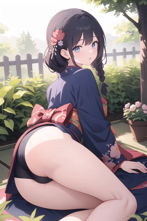 (best quality, masterpiece, highres),1girl,solo,ass,side braids,hair accessory,kimono,staring,dynamic_angle,garden,