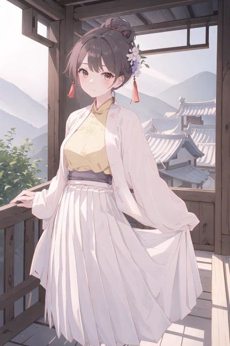 (best quality, masterpiece, highres),1girl,solo,closed mouth,looking at viewer,scenery,<lora:songStyle19:0.7>, long shan,white pleated skirt,red songmo,chinese_style_loft,