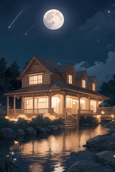 (best quality, masterpiece, highres),house,in summer,stars,moon,night,fireflies,