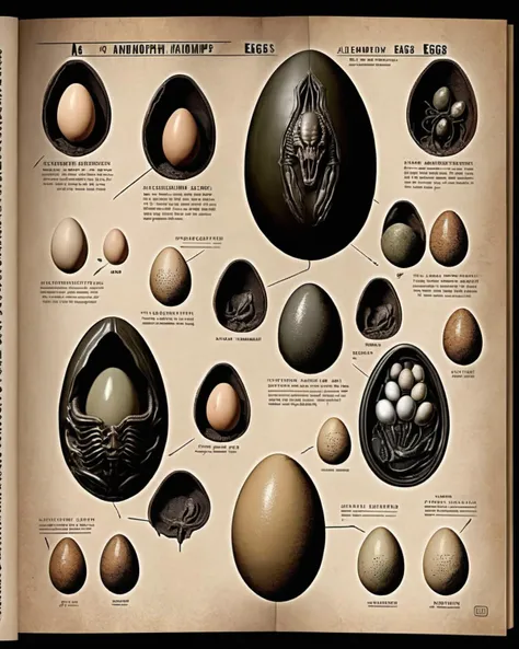 age of anatomy book of xenomorph eggs, <lora:Xenomorph_Book_sdxl:1.0>