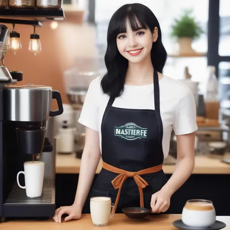 a woman in an apron is standing in front of a coffee machine