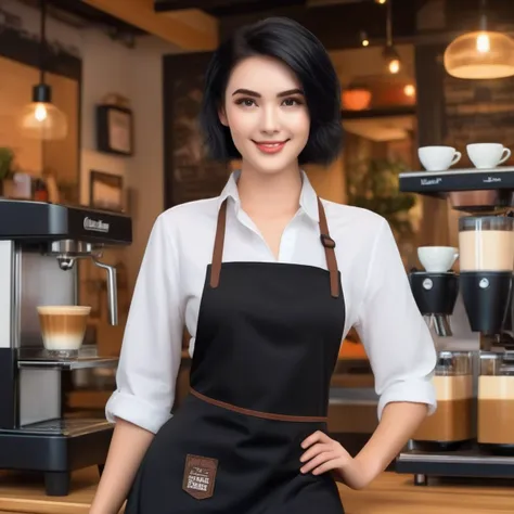 a woman in an apron standing in front of a coffee machine