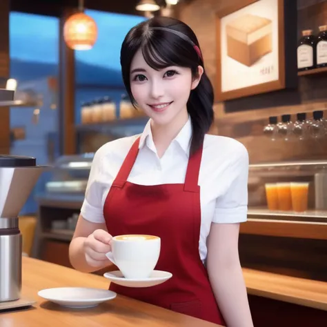 arafed woman in red apron holding a cup of coffee