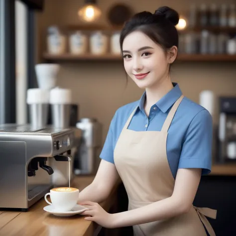 a woman in an apron holding a cup of coffee