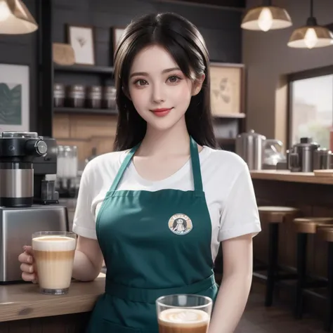 arafed woman in green apron holding a glass of coffee