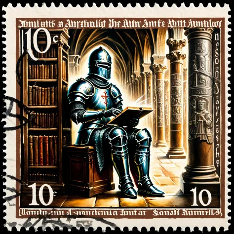 Postage stamp of a knight in shining armor browsing through a library of ancient scrolls and tomes, using a tablet device as light, 10c written, postmark <lora:Dark_Fantasy_Postage_Stamp:1>.