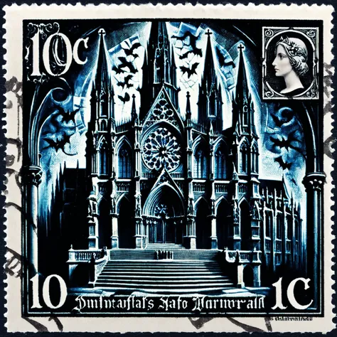 Postage stamp of a grand gothic cathedral at midnight, moonlight filtering through stained glass, 10c written, postmark, showcasing the haunting beauty of gothic architecture <lora:Dark_Fantasy_Postage_Stamp:1>.