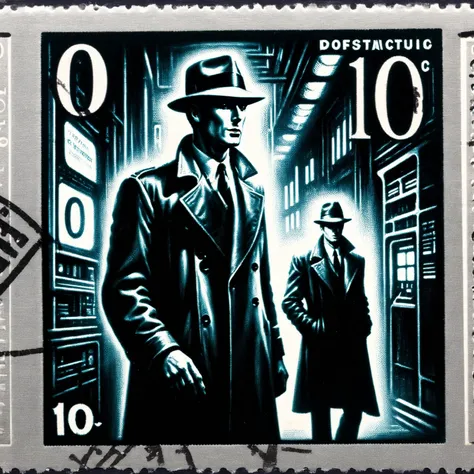 Postage stamp of a vintage film noir detective scene with sleek, futuristic cybernetic enhancements evident in the characters and setting, 10c written, postmark <lora:Dark_Fantasy_Postage_Stamp:1>.