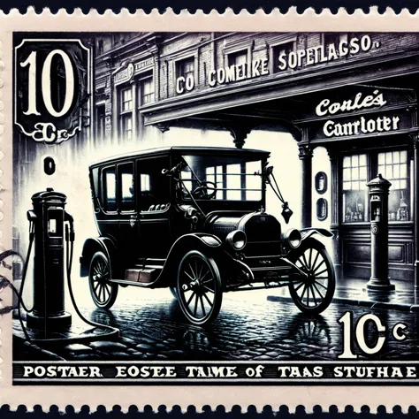 Postage stamp of a sleek, modern electric car charging at an old-timey gas station, 10c written, postmark, set against a backdrop of cobblestone streets and horse-drawn carriages <lora:Dark_Fantasy_Postage_Stamp:1>.