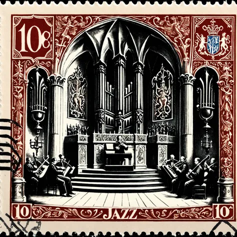 Postage stamp of a jazz band performing on a grand stage, their instruments fused with medieval heraldry and tapestries, 10c written, postmark <lora:Dark_Fantasy_Postage_Stamp:1>.