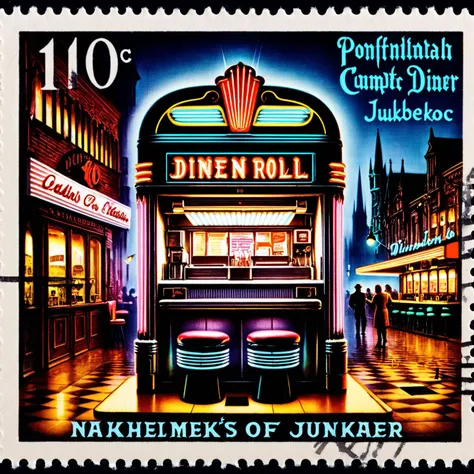 Postage stamp of a 1950s diner with neon lights and classic rock n roll jukebox, situated in the midst of a medieval market square, 10c written, postmark <lora:Dark_Fantasy_Postage_Stamp:1>.