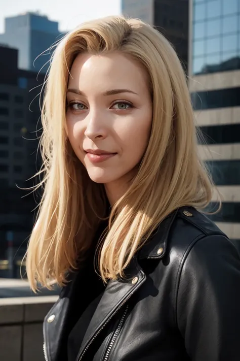 a close up of a woman in a black jacket posing for a picture