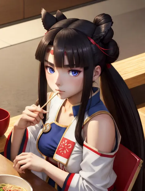 single side bun, long hair, hair bun, raglan sleeves, looking at viewer, eating,side bun, ushiwakamaru (fate), medium breasts, sidelocks, blue eyes, bowl, food, side ponytail, 1girl, noodles, closed mouth, black hair, breasts, chopsticks, blue shirt, shirt...