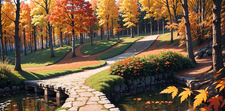 painting of a pathway in a park with a pond and trees