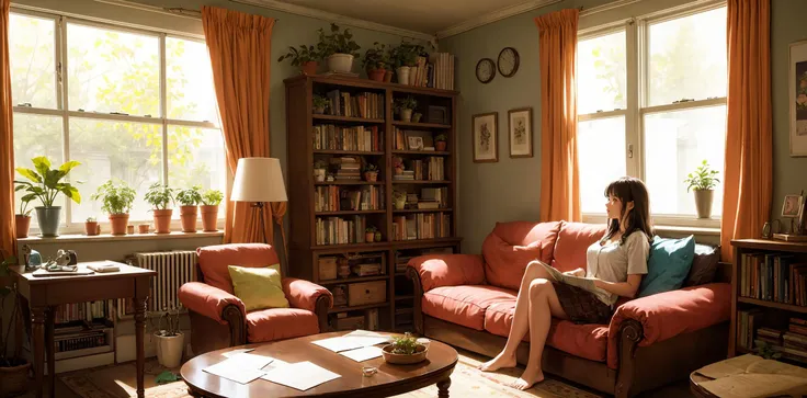 living room, couch, window, curtains, dappled sunlight, potted plant, table, cabinet,bookshelf, paper, desk lamp, typewriter, girl sitting on sofa