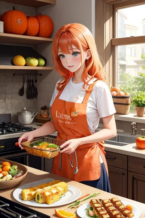 anime girl in an orange apron preparing food in a kitchen