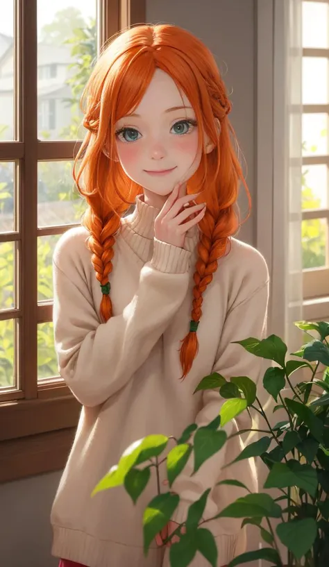 (best quality, masterpiece:1.2),1girl, solo, braid, smile, blush, looking at viewer, closed mouth, indoors, long sleeves, long hair, window, plant, white sweater, blurry background, depth of field, green eyes, orange hair, food, upper body