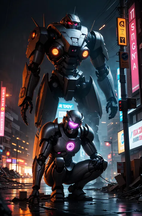 1 giant robot crouched on a destroyed building, glowing eyes,silver reflective mech armor,
night,dim light, neon lights, cyberpunk, raining, smokes,
complex 3d render ultra detailed absurdres, highres, 8k, CG ,unity ,wallpaper, (realistic, photo-realist...