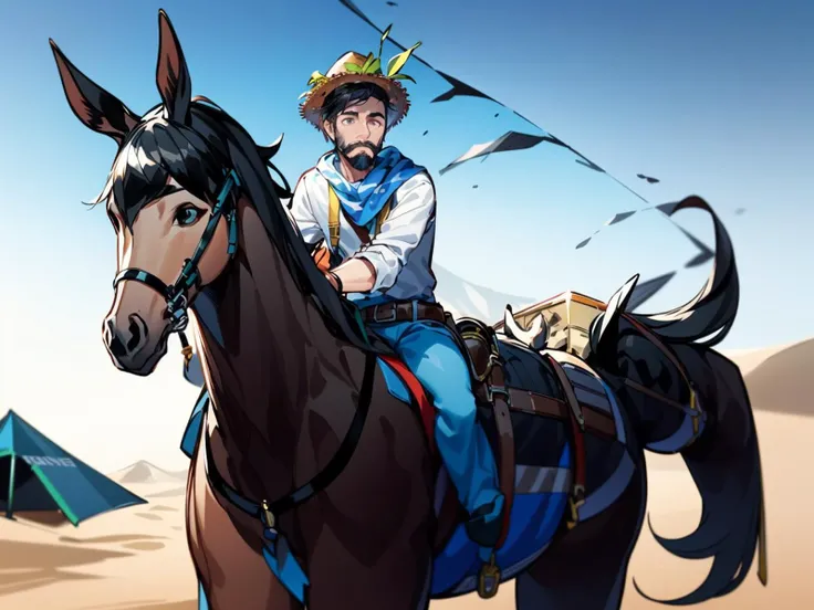 desert, facial hair, 1boy, donkey, riding, male focus, horseback riding, beard, sand, turban, mustache, hat, parody, reins, day, crossed legs, cowboy western, sitting, sky, looking at viewer, black hair, outdoors <lora:donkey:1>, masterpiece, best quality,