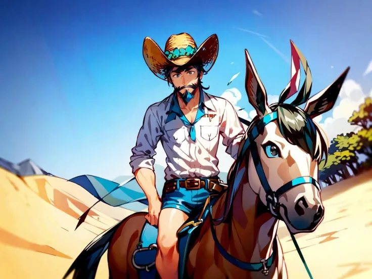 desert, facial hair, 1boy, donkey, riding, male focus, horseback riding, beard, sand, turban, mustache, hat, parody, reins, day, crossed legs, cowboy western, sitting, sky, looking at viewer, black hair, outdoors <lora:donkey-000009:1>, masterpiece, best q...