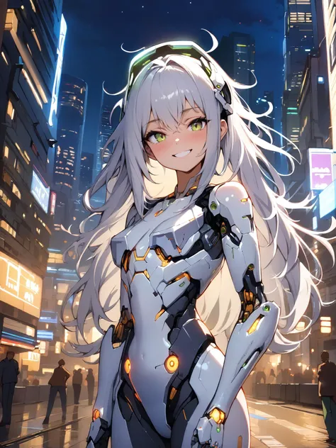 (best quality:1.2), (masterpiece:1.2), (absurdres:1.2), (detailed background), looking at viewer, (shiny skin), medium full shot, city, cyborg, headgear, night, metal,
happy face, (long hair, sleek, side bang, (messy hair),