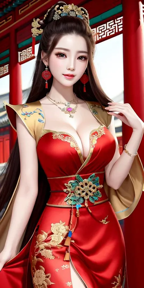 best quality, masterpiece, highres, 1girl,china dress,cleavage,Beautiful face, hair ornament, solo,looking at viewer,smile,closed mouth,lips, dress,hair ornament, necklace, jewelry, long hair, earrings, chinese clothes, beautiful detailed eyes,Skirt lift,a...