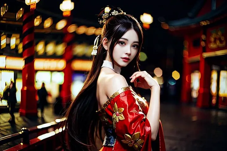 (the tang dynasty),photorealistic,realistic, solo,photorealistic, best quality, ultra high res, outdoor, colorful, joyful expression, long hair, ponytail, cute headband, looking back over shoulder, Tang Palace in backgroud, night time setting, beautiful, m...