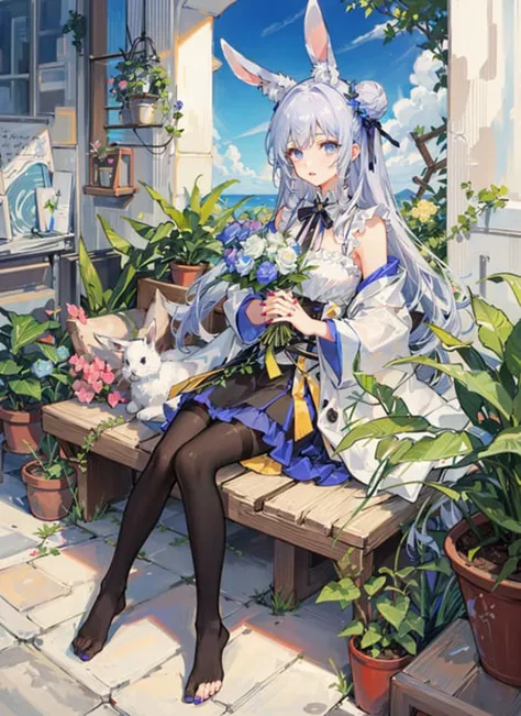 anime girl sitting on a bench with a cat and flowers