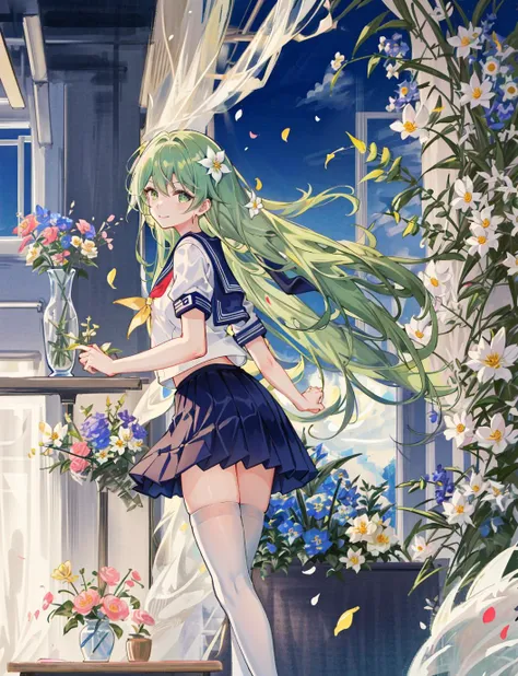 Abstract Expressionist,Monochromatic,best quality,incredibly_absurdres,amazing,huge_filesize,vivid,(1 girl, solo: 1.5),perfect body,(kochiya sanae:0.5),(white serafuku:1.6),perfect hand,perfect fingers,green hair, long straight hair,(vase,flowers:1.57),cla...