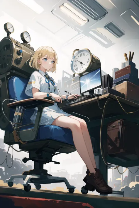 anime girl sitting at a desk with a computer and a clock