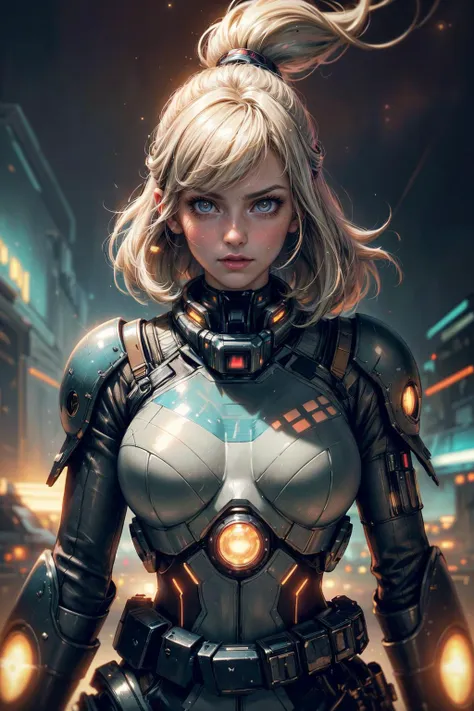 a woman in a futuristic suit standing in front of a city